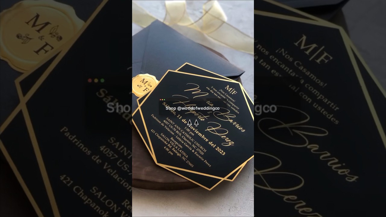 Today’s product, a modern black acrylic wedding invitation with gold foil 🖤