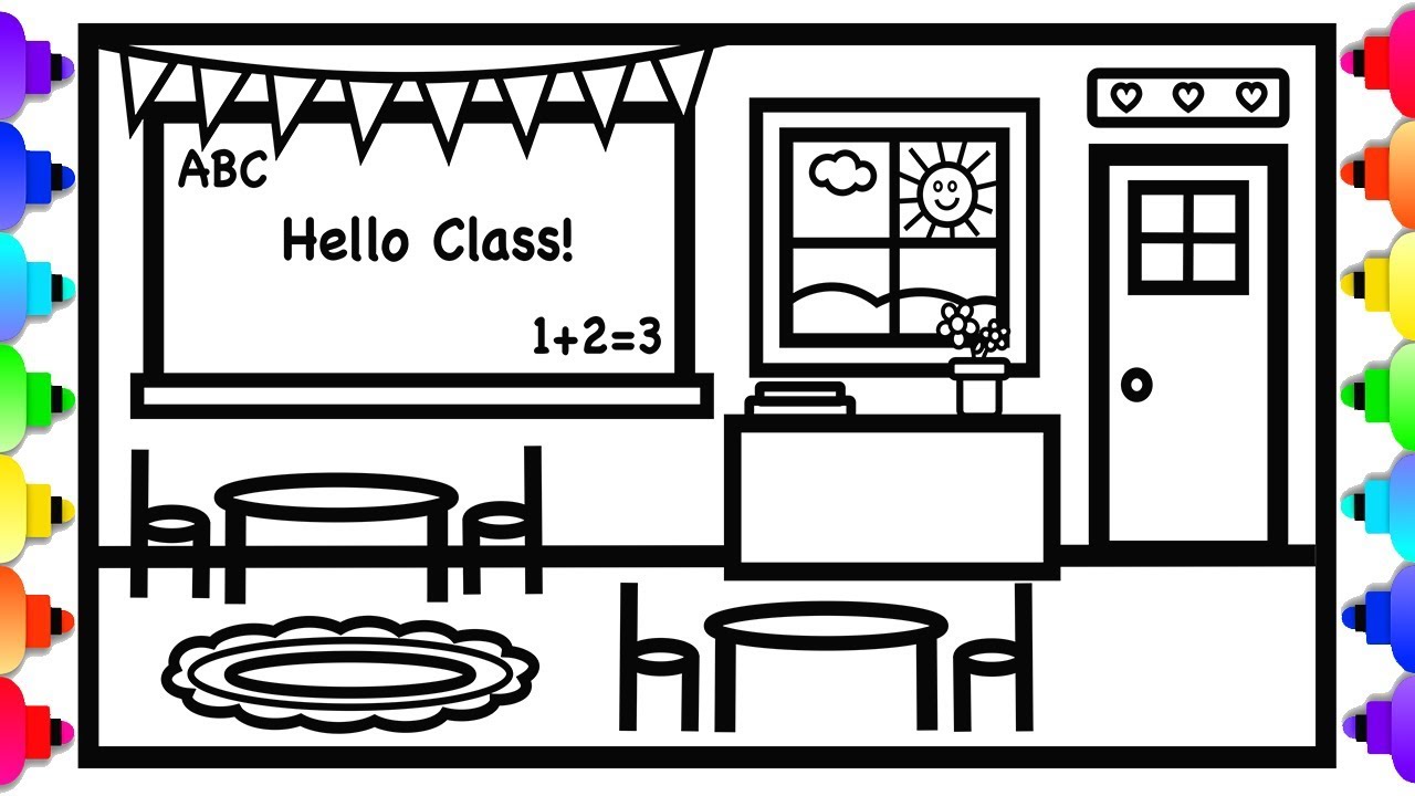 School Classroom Coloring and Drawing 💚 🎒🏫🖍 ️💜School Coloring Page