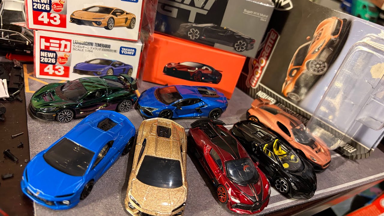 2月発売トミカ開封　ランボルギーニテメラリオ、ブガッティシロン(W16ミストラル)・ディーボ、ランボルギーニレヴエルト、ネヴェーラ　マジョレット　minigt 1/64Lamborghini