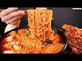 ASMR MUKBANG | SPICY TOFU NOODLES 🍜 KIMCHI DUMPLING SAUSAGE MUSHROOM RAMYUN EATING 순두부 열라면 & 김치 먹방!