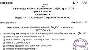 B.Com 4th Semester Advanced Corporate Accounting Question paper 2024 || B.Com 4th Semester PYQ 2025