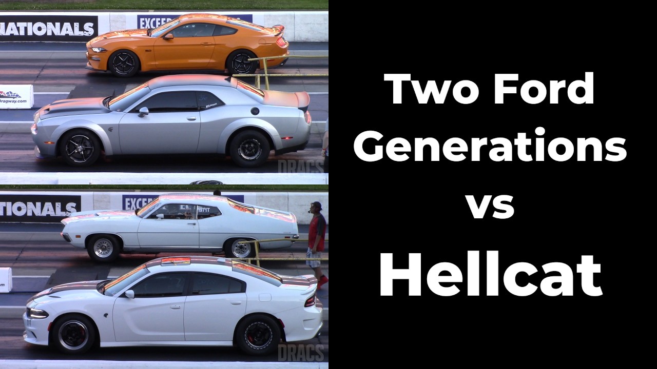Современный Mustang и классический Torino GT против Hellcat (последовательные заезды)