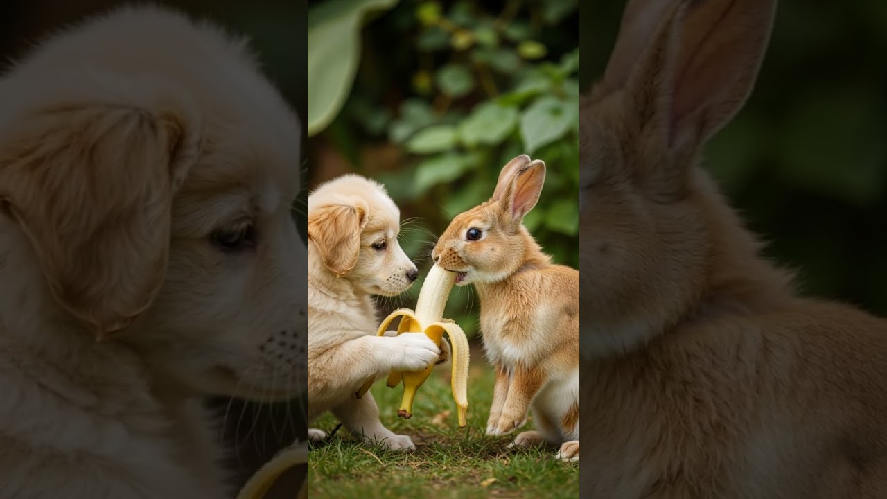 Dog feeds rabbits and eats bananas. Cute pet bonding moment 