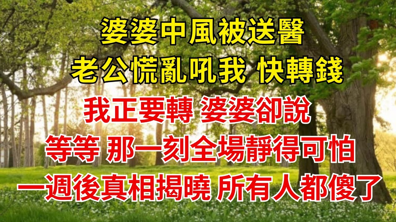 老公慌亂之下，趕緊把婆婆送去醫院，說是中風，然後沖我吼道：「趕緊把錢轉過來。」我正要轉，婆婆卻說：「等等。」一週後，大家得知真相後，都驚呆了…#為人處世#生活經驗#情感故事#故事#小說#戀愛#情感#婚