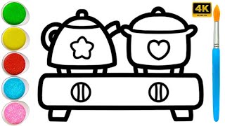 Drawing of an oven for children, kettle and pan, drawing for children