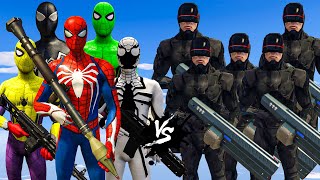 Spider-man, Green Spiderman, Yellow Spiderman, White Spiderman, Black Spiderman VS Robocop Army