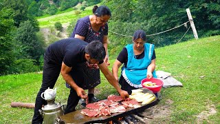 ASMR COOKING BEEF STEAK in a SPECIAL STONE in NATURE MOUNTAINS  VILLAGE LAZA GABALA