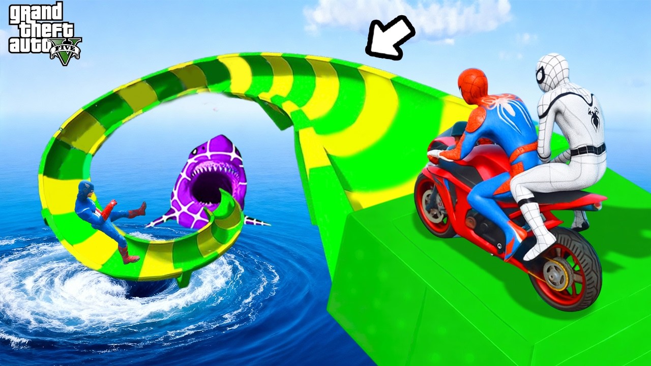 SPIDER-MAN & Superheroes Riding Motorcycles Into Whirlpool Slide Challenge🪂⚡ GTA 5 Funny Game