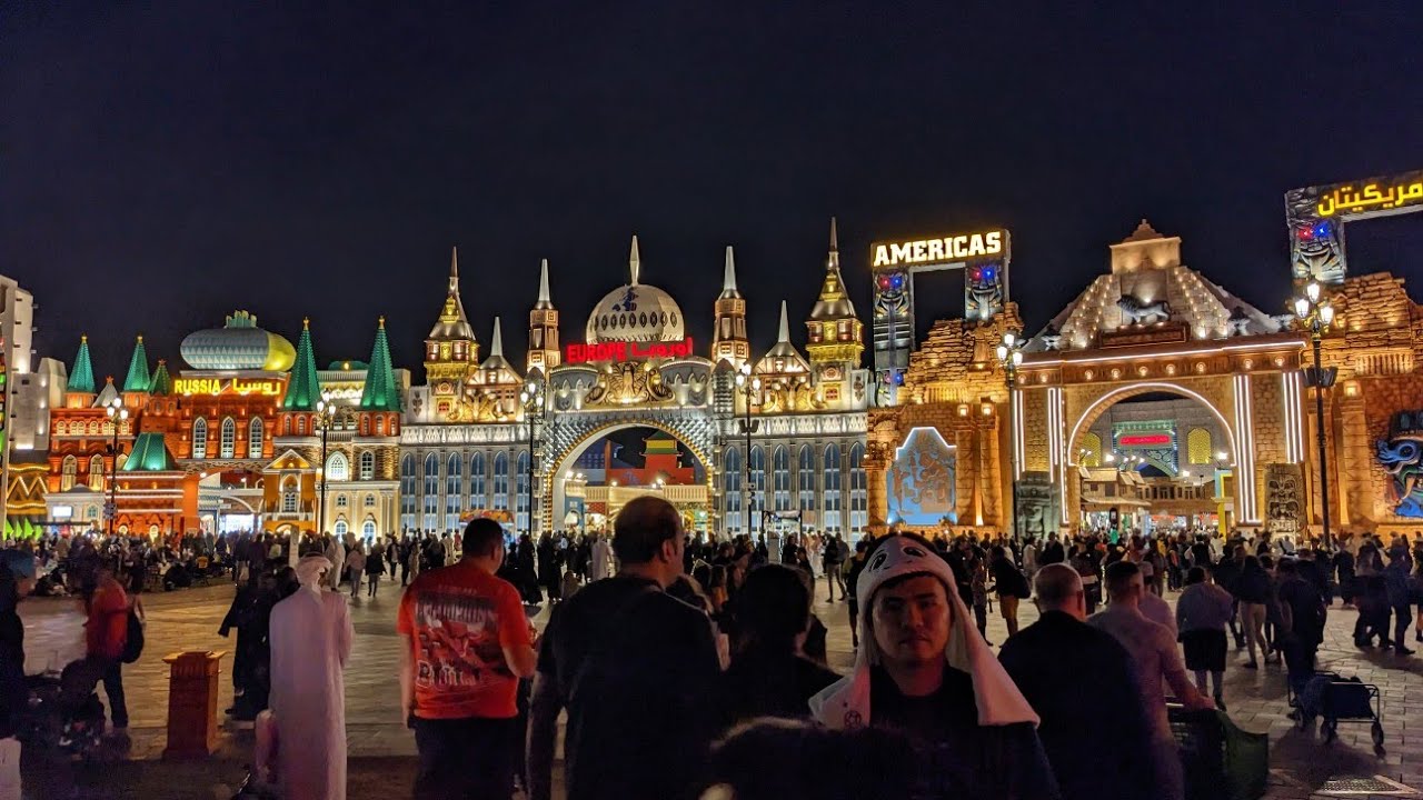 Walking tour - Global village in Dubai at night with fireworks