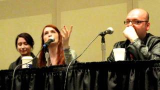 NYCC DA Panel with Felicia Day on Motion Capture
This is a video from the Dragon Age panel at the New York Comic Con held in October 2011.
In it the question is asked to John Epler about how the Cinematic parts were developed from Mark of the Assassin, and Felicia Day talks about how it was for her to do the Motion Capture.
Felicia Day - Creator and Actor for Tallis character for Dragon Age Mark of the Assassin.
David Gaider: Lead Writer
John Epler - Cinematic Director
Heather Rabatich - Producer: Mark of the Assassin
Mike Laidlaw - Creative Director - Dragon Age NYCC DA Panel with Felicia Day on Motion Capture