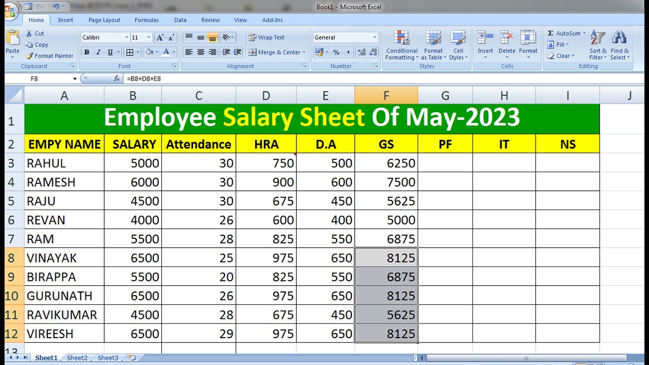 Salary Sheet In Excel Da Hra Pf Esi It Ns Gross Salary