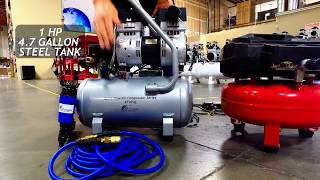 Quiet flow 4710sqgk18 air compressor kit by california tools 1.0 hp
(rated/running) - 2.0 (peak) 3.00 cfm @ 40 psi 2.00 90 4.7 gallon
steel ...