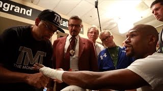 FREDDIE ROACH QUESTIONS \& INSPECTS FLOYD MAYWEATHER'S HAND WRAPS AND GLOVES REVIEW! (4\/26\/15)