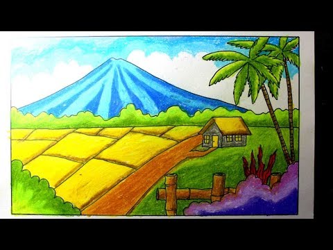 crayon menggambar pemandangan  alam  sawah YouTube