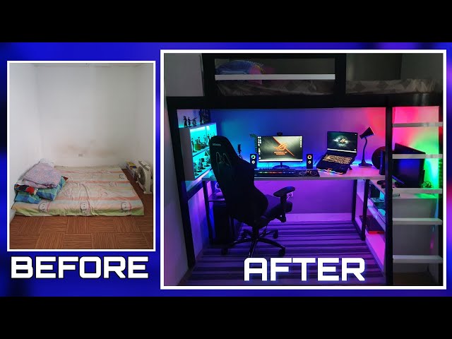 DIY LOFT BED  W/ GAMING AREA |Small Room Makeover Ultimate Gaming Room Setup w/ LED expert Lighting class=