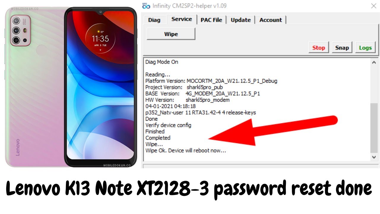 Lenovo K13 Note XT2128-3 pin, pattern or password remove done with