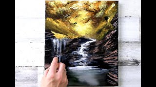 Little Waterfall | Autumn Landscape | Acrylic Painting Challenge for Beginners | Abstract
