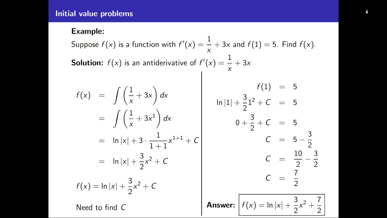 Calculus I, Lecture 39A: Initial Value Problems - YouTube