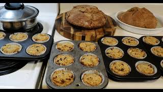 Baking Bread on a rainy day. We ground flour from Spelt Grain baked bread and Almond Flour Muffins