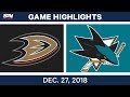 NHL Highlights | Ducks vs. Sharks - Dec 27, 2018