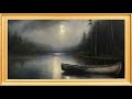 Moonlit Canoe golden frame vintage art tv watercolor minimalist  abstract muted background wallpaper
