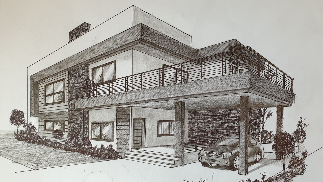 Modern House In 2 Point Perspective Drawing Tutorial For Beginners