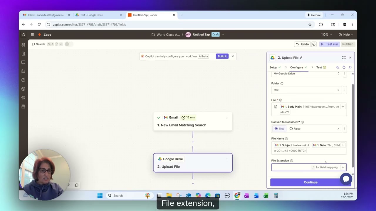 Zapier email automation tutorial screenshot showing Google Drive integration