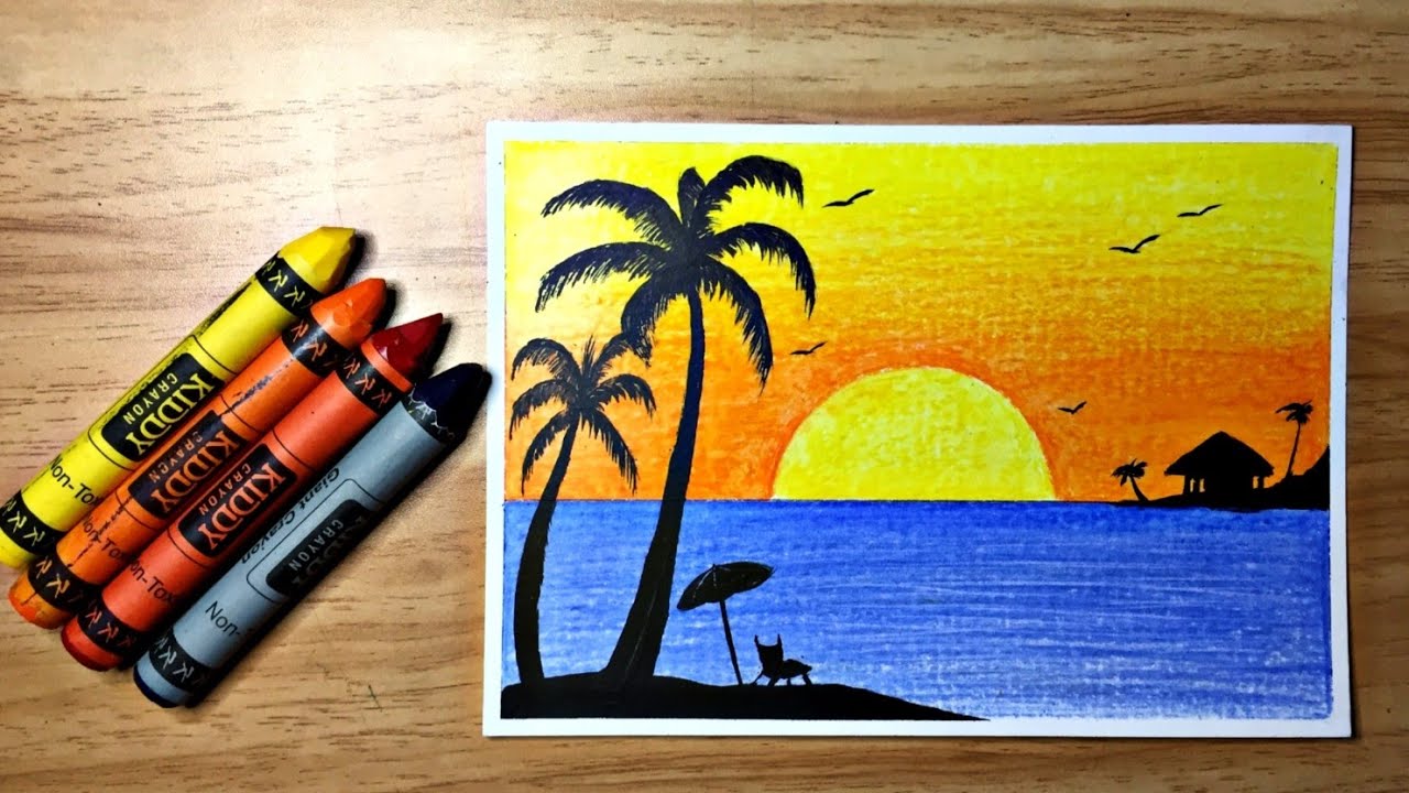 How to Draw Easy Beach Scenery Using Wax Crayons for Beginners / Step ...