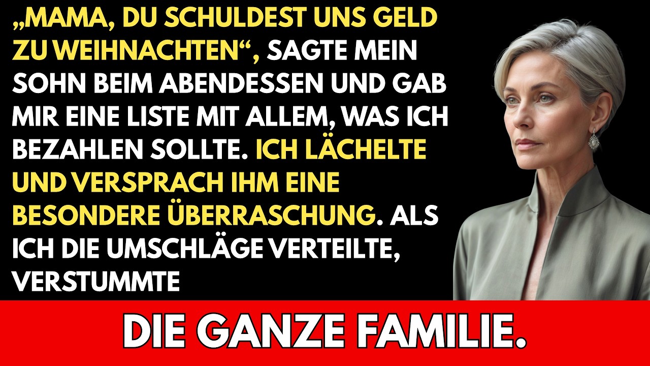 „Mama, dieses Weihnachten schuldest du uns Geld“, sagte mein Sohn beim Abendessen und schob mir einen Zettel über den Tisch. Ich hatte gerade die Küchenzeile abgewischt, die Hände noch feucht vom...