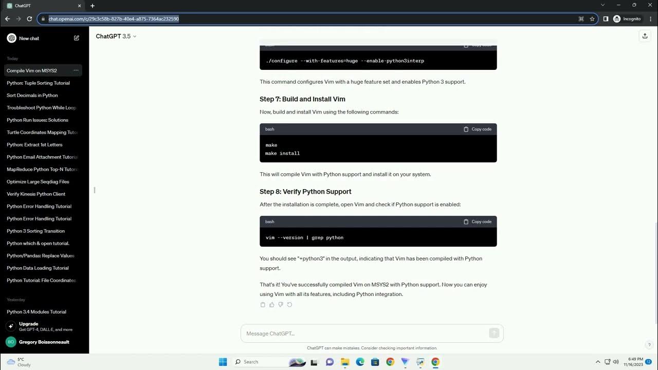Compiling vim on msys2 with python support youtube