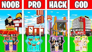 Minecraft: FAMILY FAST FOOD RESTAURANT BUILD CHALLENGE - NOOB vs PRO vs HACKER vs GOD in Minecraft