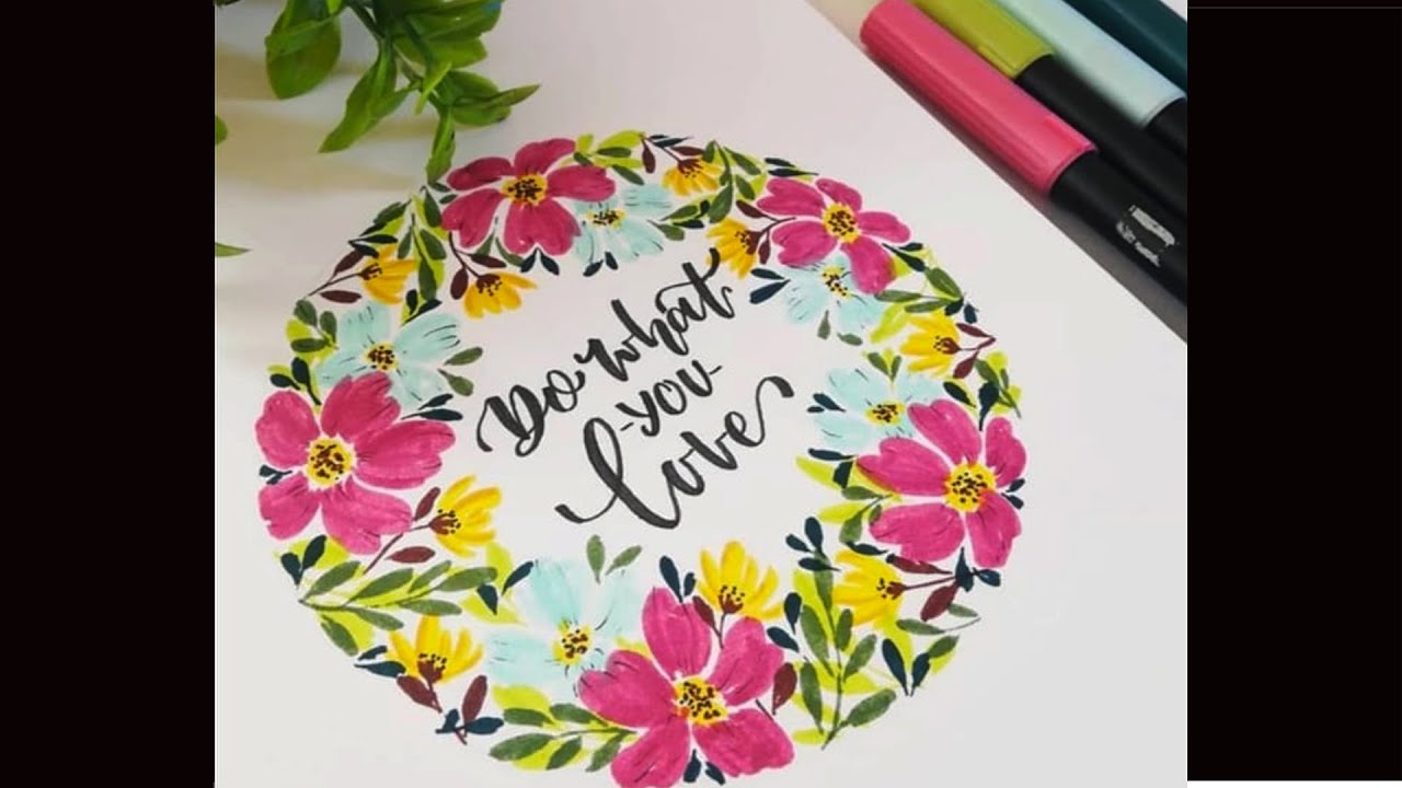 TOPP Hand Lettering Brush Pens Set - 6 Flower Color Brush Pens With Fineliner Tips, Design Cards & Stickers In Metal Tin
