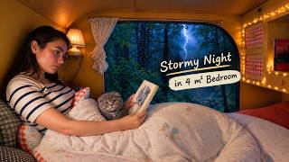 Stormy Night in Tiniest Bedroom :Solo Girl in Heavy Rain Camping | Living Alone in 4 m² Camper