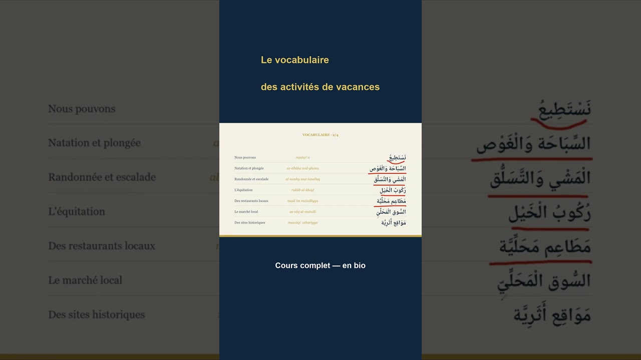 Le vocabulaire des activités de vacances en arabe 🏄 #shorts