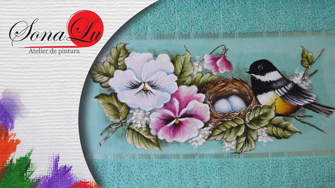 Aula 169 - Pássaro com Amor-Perfeito em Toalha de Lavabo