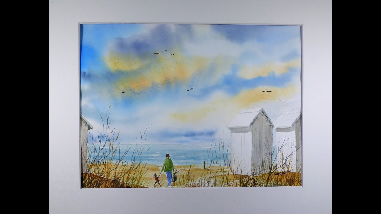 Démo aquarelle: Beau ciel et végétation de 1er plan  : Une plage de la Côte de Nacre (Normandie)