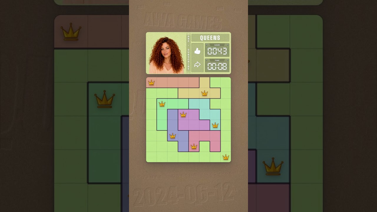 LinkedIn Queens #43 solved board for June 12, 2024, 8x8 grid