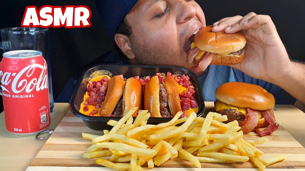 ASMR COMIDA PISCININHA DE CHEDDAR COM X-BACON, X-BURGUER E BATATA FRITA (MUKBANG) EATING SOUNDS
