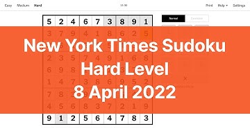 NYT / New York Times Sudoku Hard Level - 8 April 2022