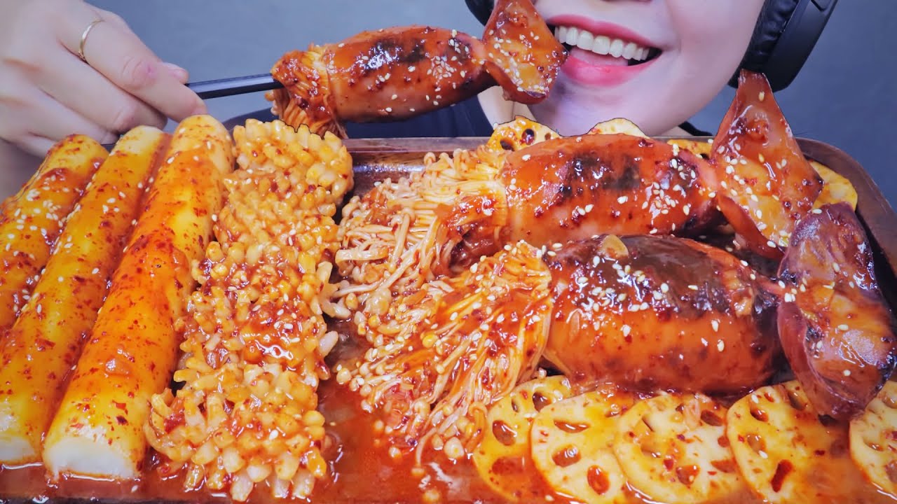 ASMR SPICY SQUID WITH ENOKI MUSHROOM X LOTUS ROOT X RICE CAKE | EATING ... image.