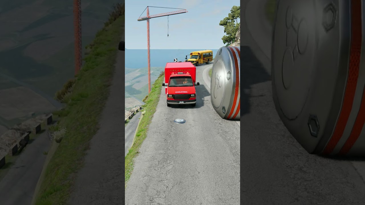 Столкновение автомобилей и школьного автобуса с гигантскими столбиками — BeamNG.drive