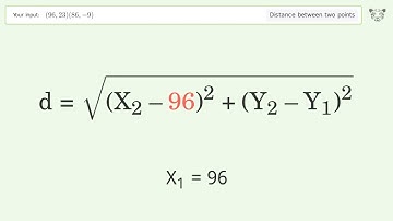 Find the distance between two points p1 (96,23) and p2 (86,-9): Step-by-Step Video Solution