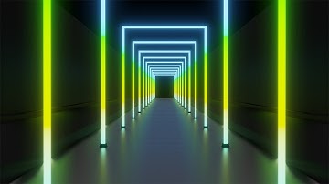 A spectral multicolored neon tunnel made of square arches on a dark background. Video Loop