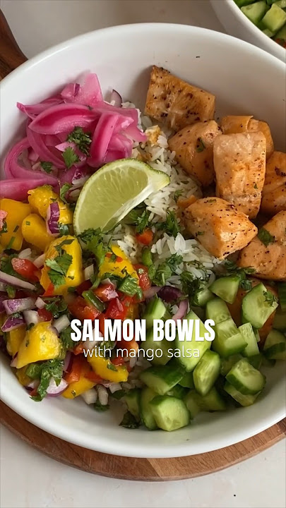 Salmon Bowls with Mango Salsa🥭🫶Recipe on emmasplate.com. #recipe #food #viral #healthy #salmon