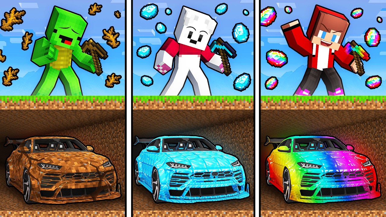 JJ’s OVERPOWERED vs Mikey’s POOR vs Banana Kid’s RICH Underground CAR - Maizen Minecraft