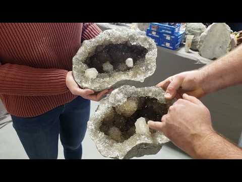 Pink Calcite and DARK Smoky Quartz large geode opening