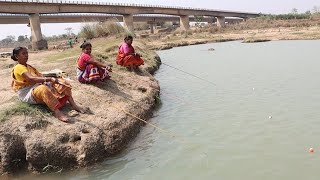 Fishing video ✅|| traditional Three women amazing catching hook fishing 🎣 in village river #fishing