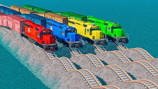 Quadruple Colorful Trains Vs 4 Wavy Impossible Weird Rails Tracks Crossing Deepwater | BeamNG.drive
