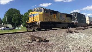A lone up Sd70m leads a short intermodal train