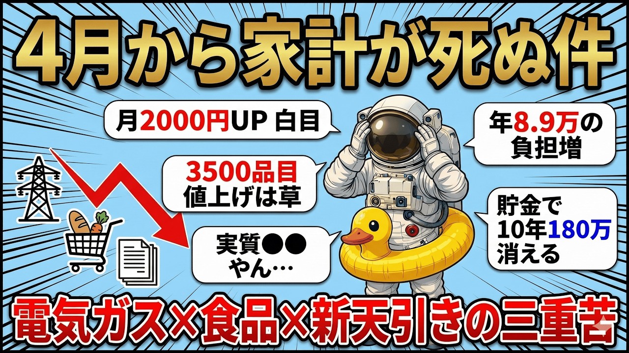 【2chお金スレ】4月から家計が○ぬ件、、、電気ガス食品＋新天引きの三重苦！？